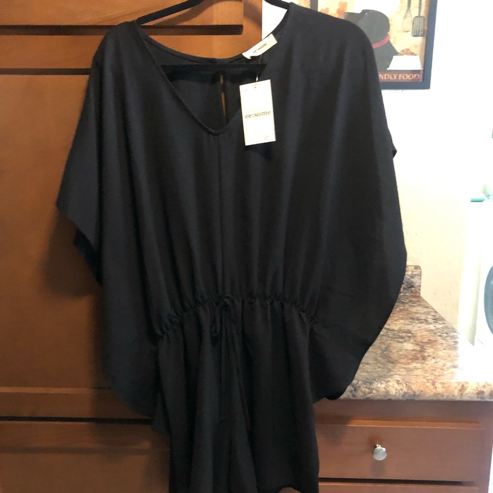 eesome Black V-Neck Drawstring Waist Jumpsuit Romper